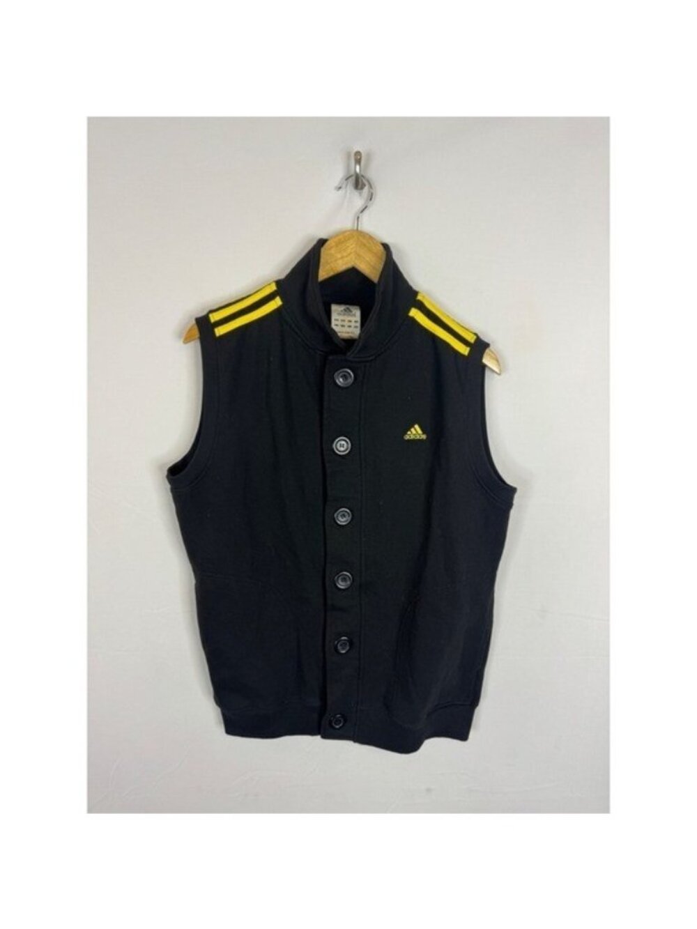 Adidas Vintage Button Front Fleece Vest Black Yellow 3 Stripes Mens US L